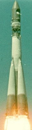 The mighty SS-6 rocket carries the Vostok spacecraft into orbit